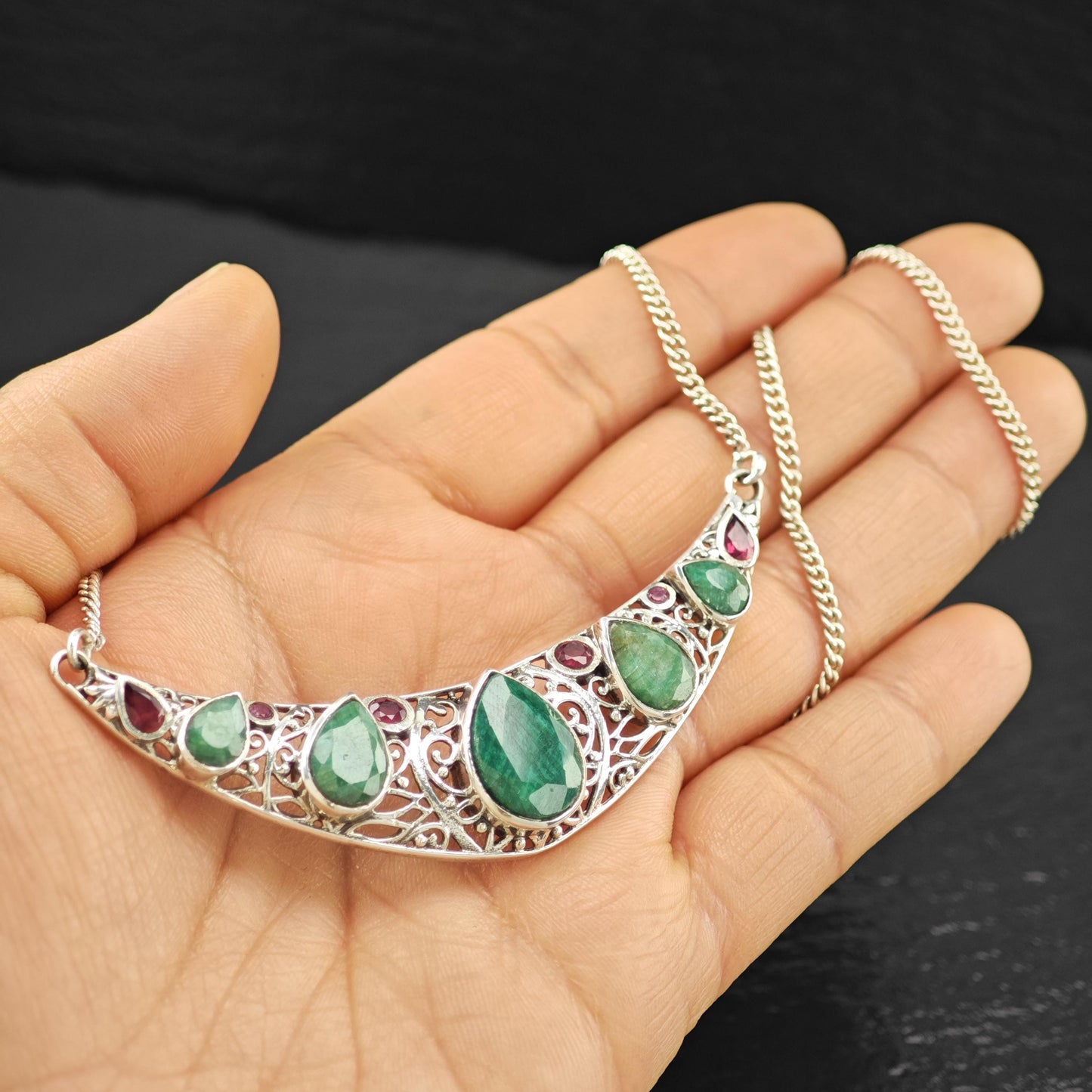 Sterling Silver Emerald Ruby Teardrop Necklace 20" N2633