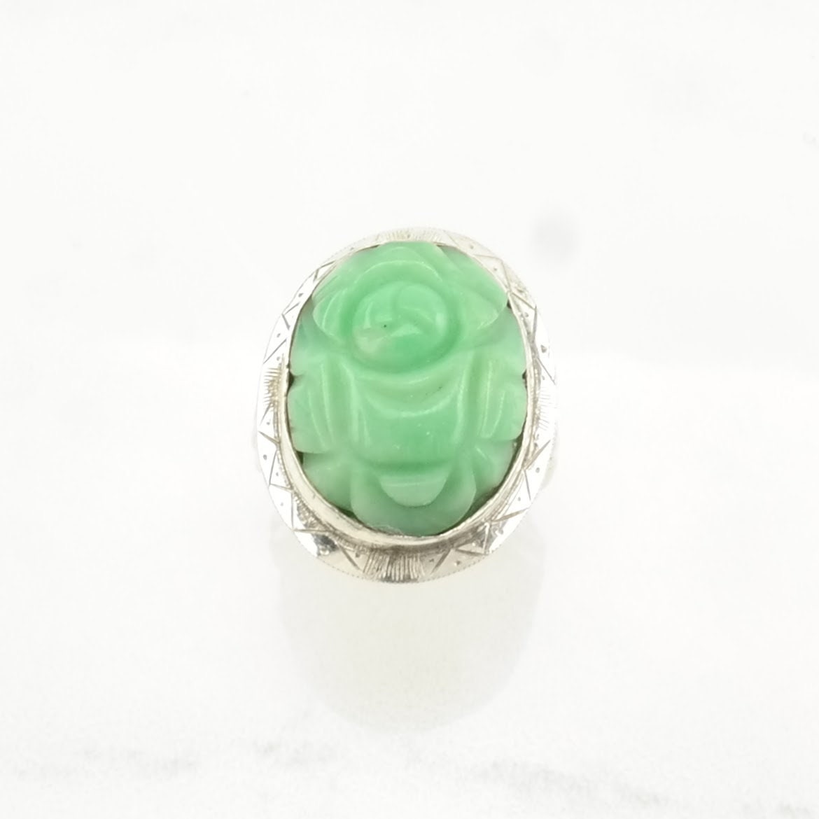 Sterling Silver Ring Jade Carved Green Size 4 3/4