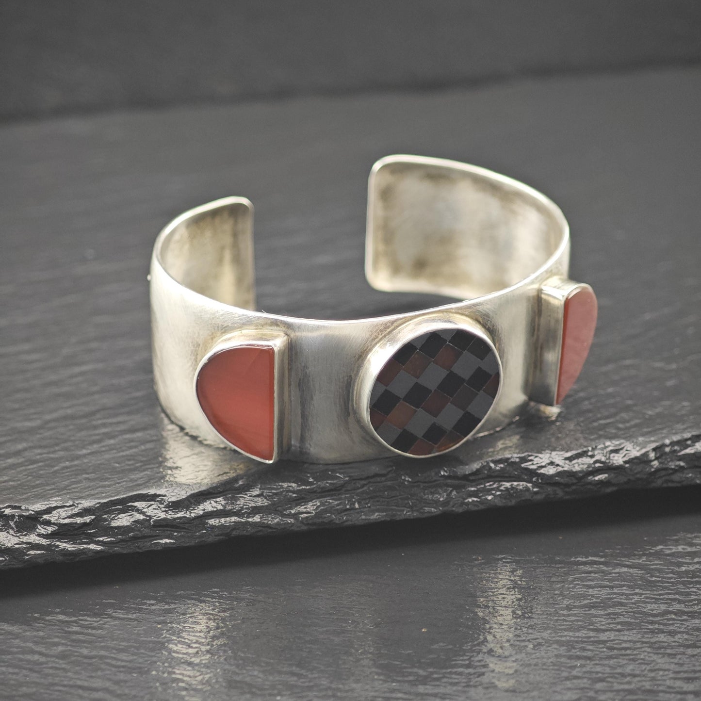 GFMW Mid Century Silver Cuff Bracelet Carnelian Checkered Sterling