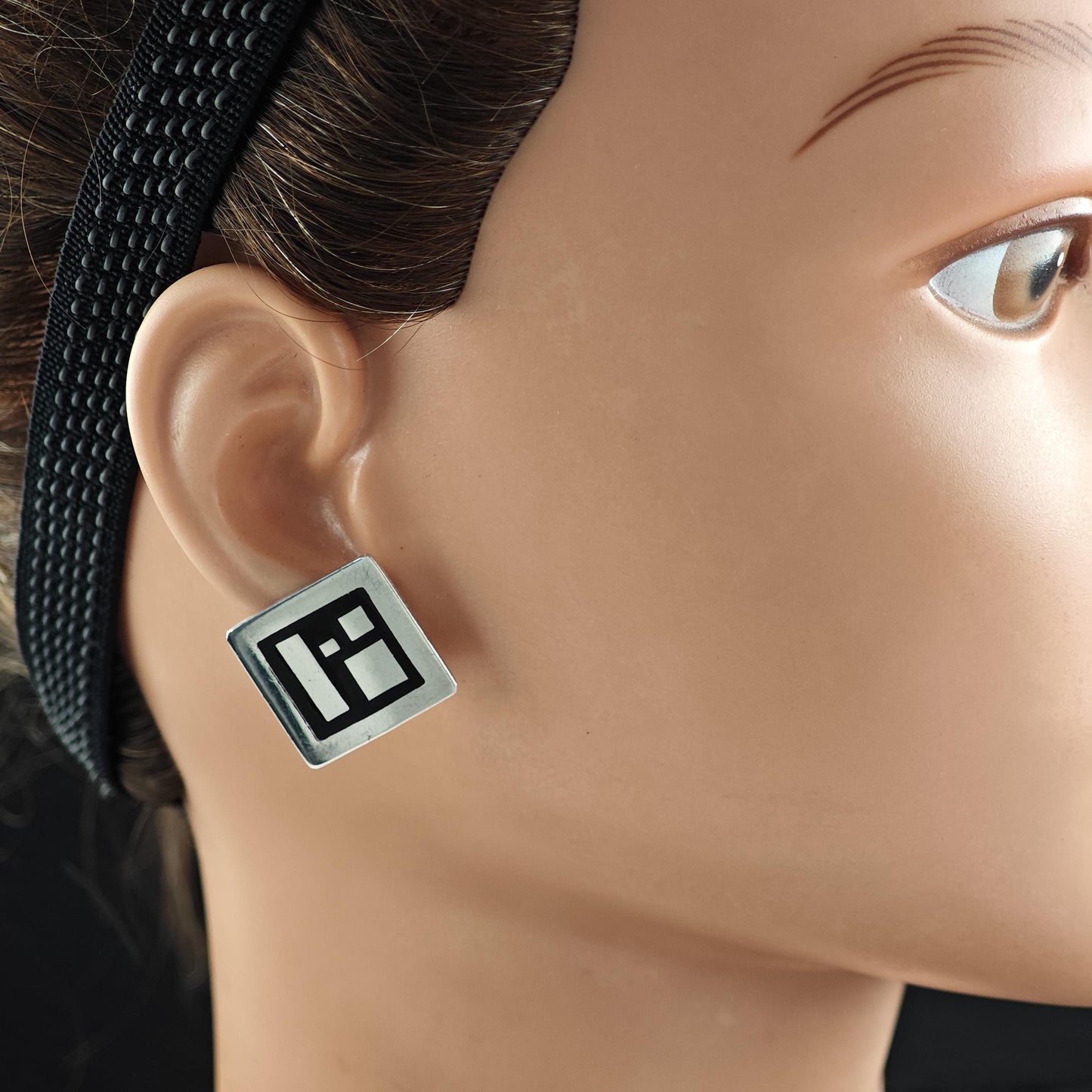 Vintage Warsaw, Poland Black Enamel Geometric Stud Earrings Sterling Silver