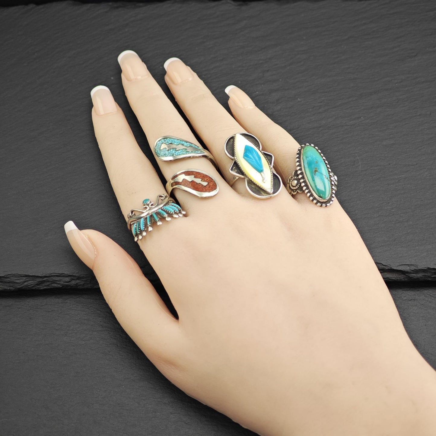 Vintage Native American Green Blue Turquoise Stamped Band Sterling Silver Ring Sz 6 1/2 R6661