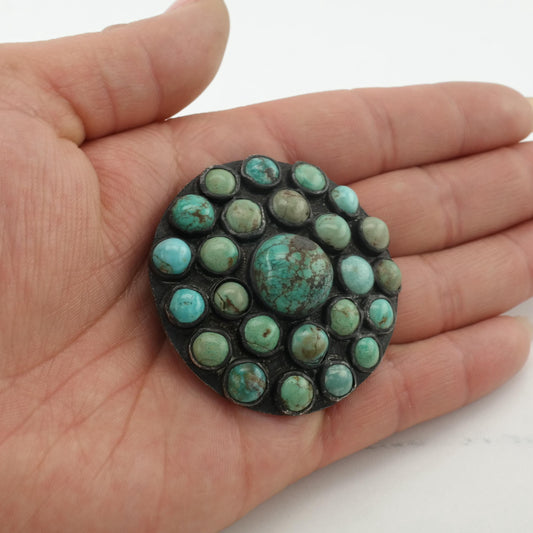 Prieto Taxco Green Turquoise Brooch Sterling Silver Round