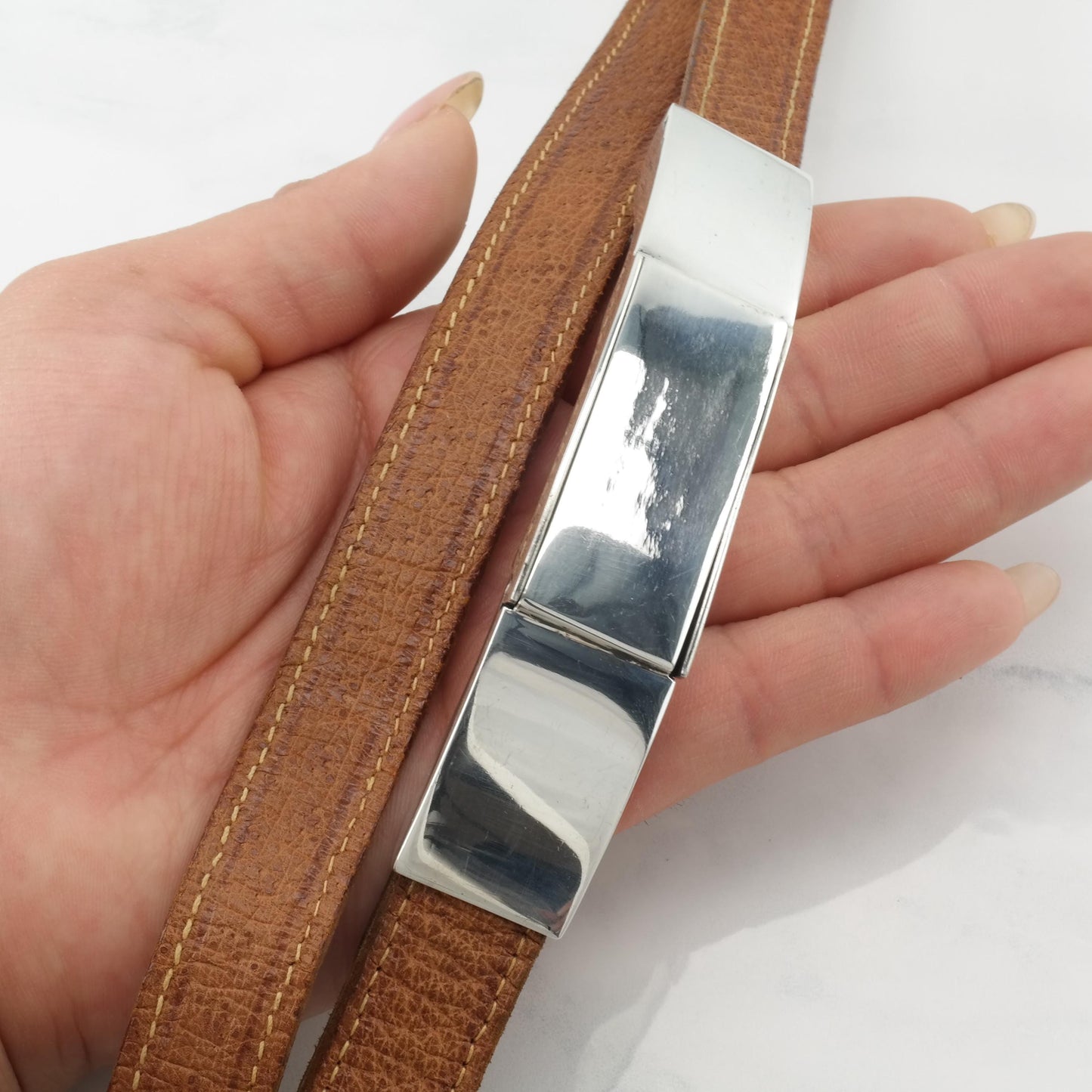 Vintage Sterling Silver Brown Leather Belt 33"-35"