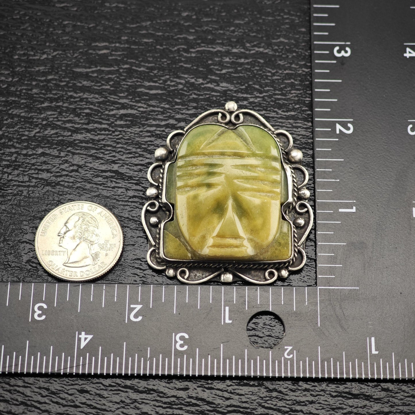 Vintage Green Tribal Mask Brooch Carved Jade Onyx in Sterling Silver