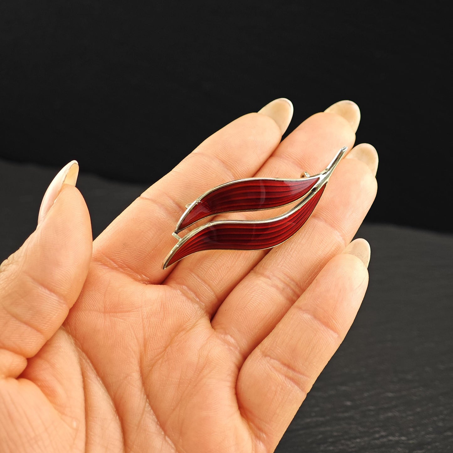 As Is Norway, Aksel Holmsen Floral Red, Gold Enamel Brooch Sterling Silver