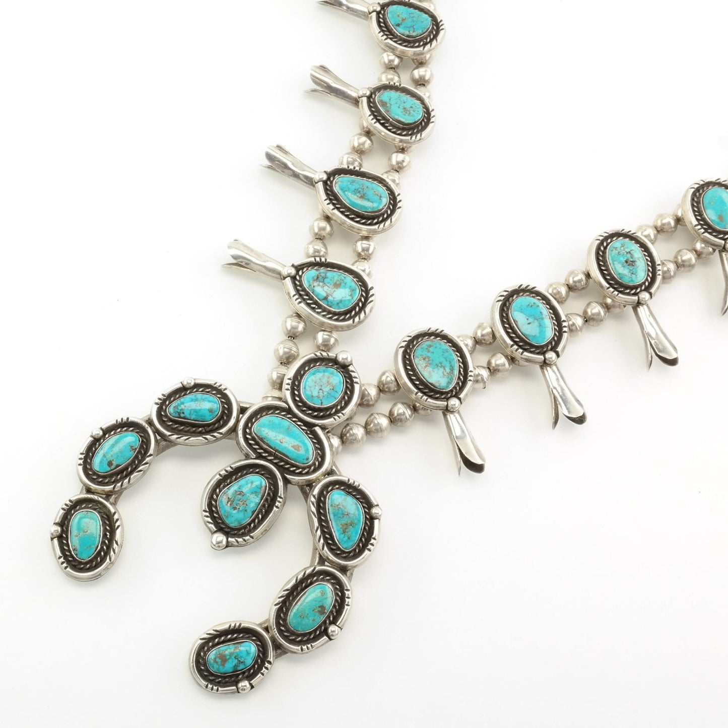 Vintage Native American Sterling Silver Blue Turquoise Necklace Squash Blossom