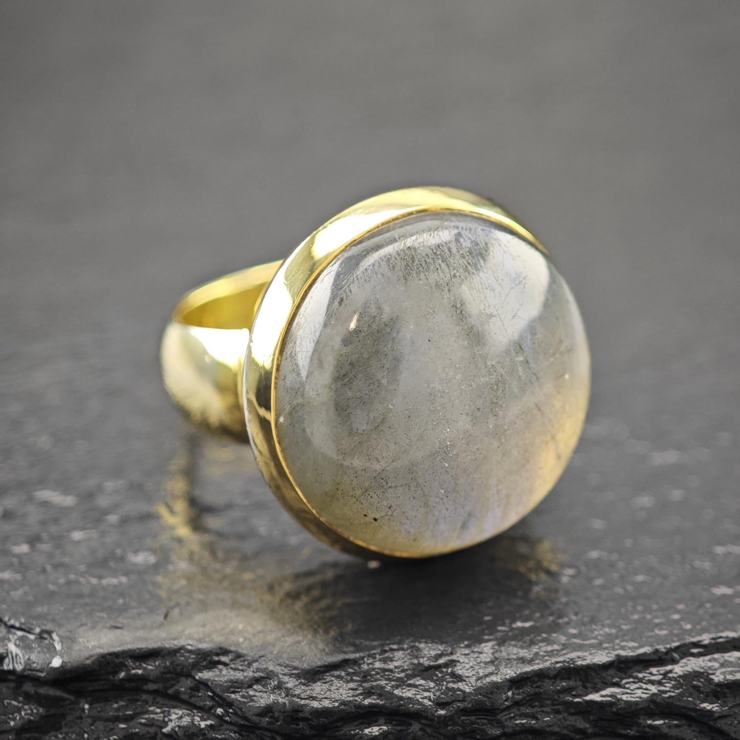 Gold Gilded Round Labradorite Ring Sterling Silver Sz 8