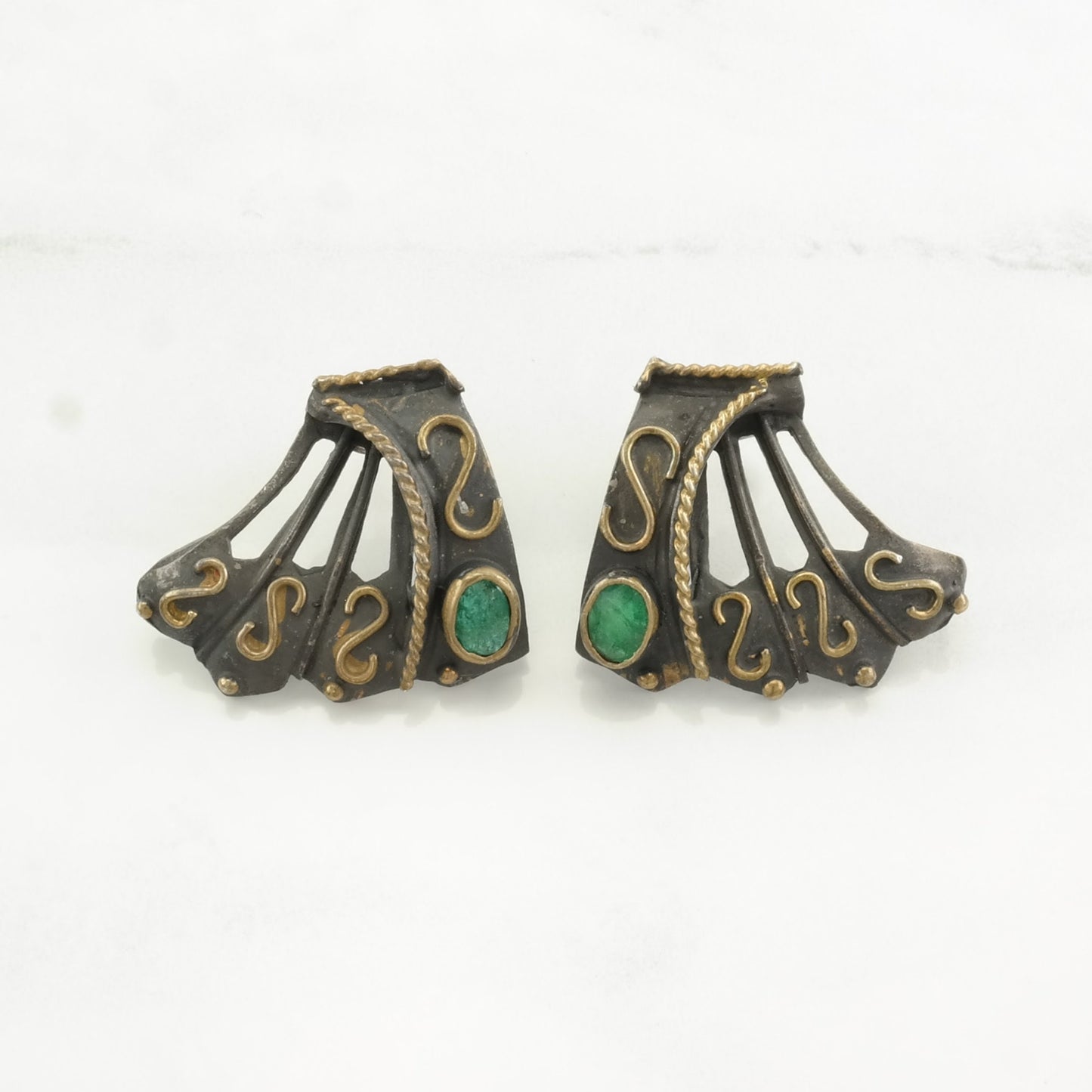 Vintage Emerald Stud Earrings Sterling Silver Sevan Green Gold Toned Accents