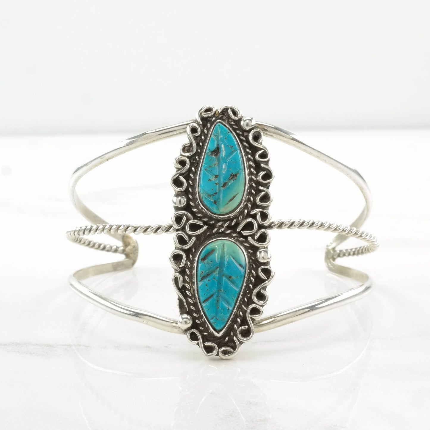 Native American Sterling Silver Cuff Bracelet Carved Turquoise