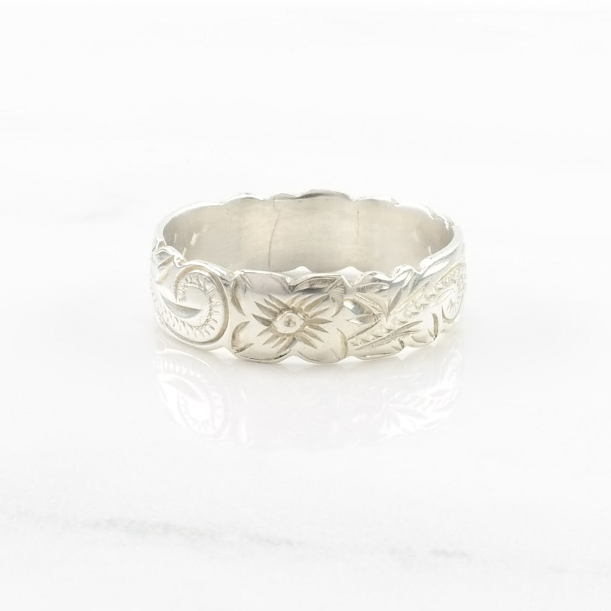 Sterling Silver Ring Engraved Floral, Western, Band Size 8 3/4