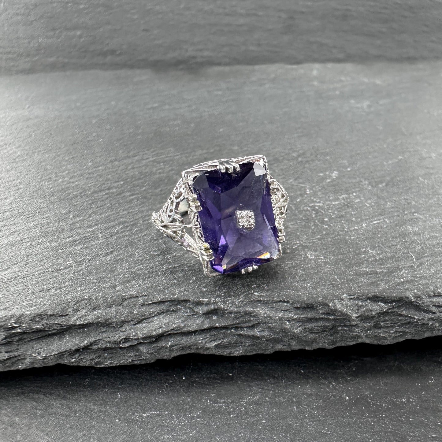 Art Deco Style Amethyst, Diamond Chip Ring Sterling Silver