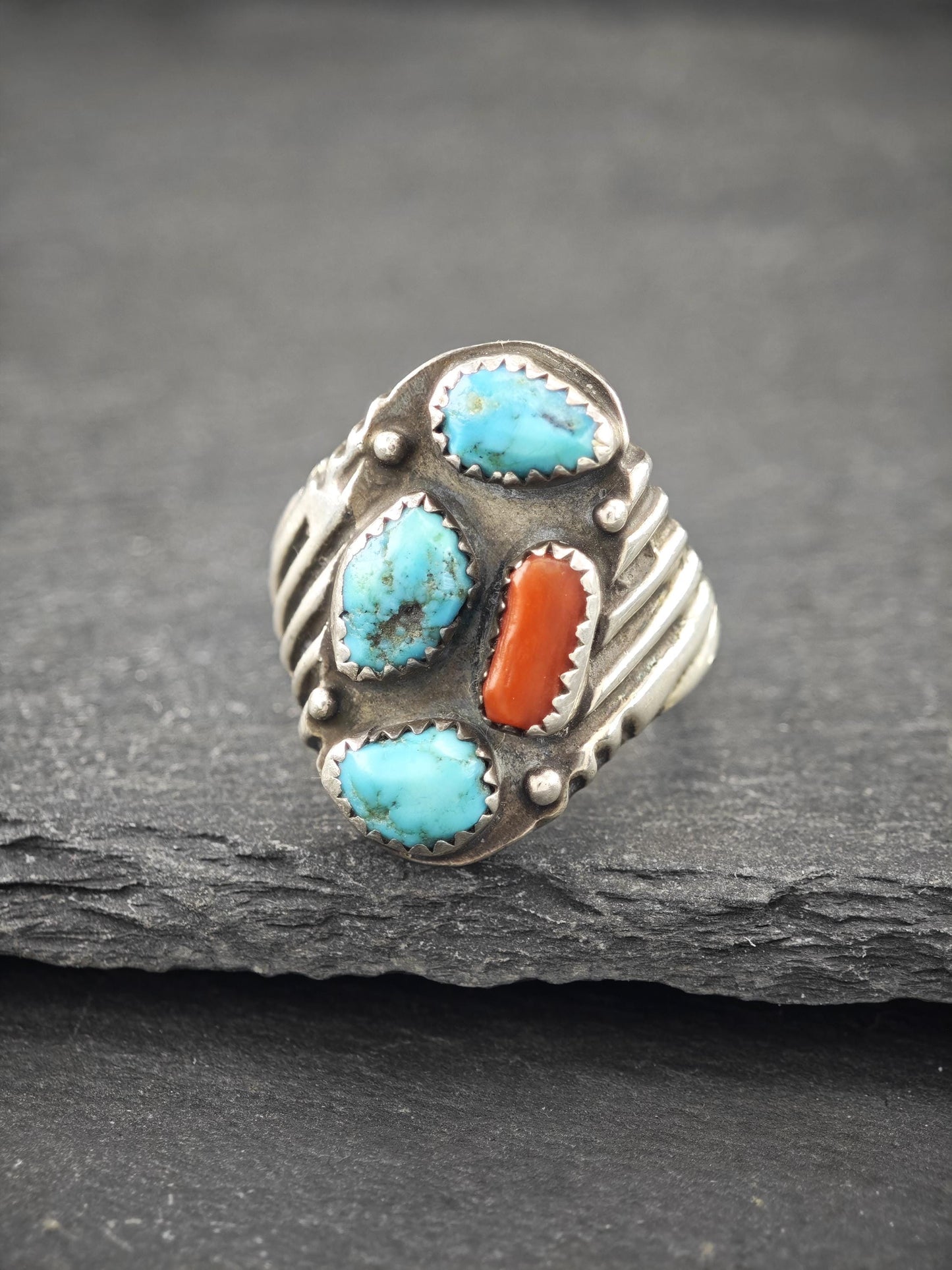 Native American, Coral, Turquoise Ring Sterling Silver