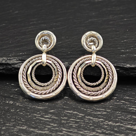 David Yurman Diamonds Stax, 14k Gold Posts Stud/Dangle Earrings Sterling Silver