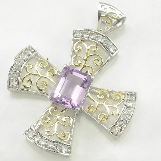 Vintage Amethyst, Topaz Cross, Scroll, Two Tone Sterling Silver Pendant