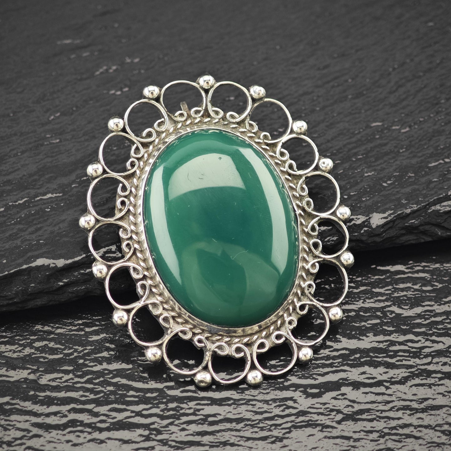 Green Onyx Mexican Brooch/Pendant Sterling Silver