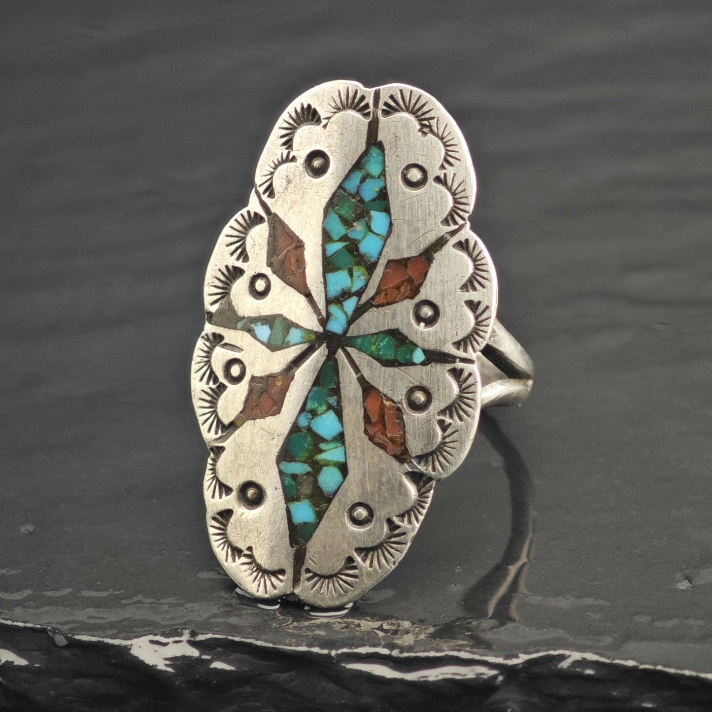 SW Turquoise & Coral Shield Inlay Sterling Silver Ring Sz 7 R6665