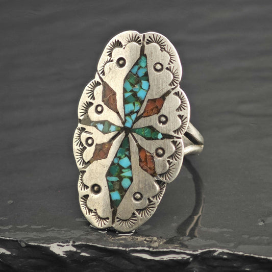 SW Turquoise & Coral Shield Inlay Sterling Silver Ring Sz 7 R6665