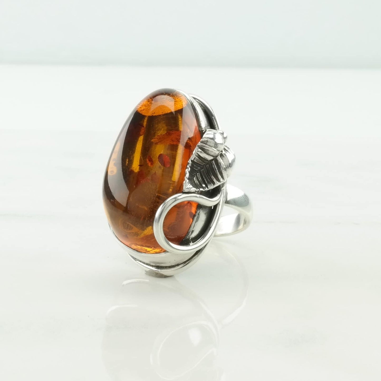 Poland Silver Ring Amber Leaf Sterling Orange Size 8