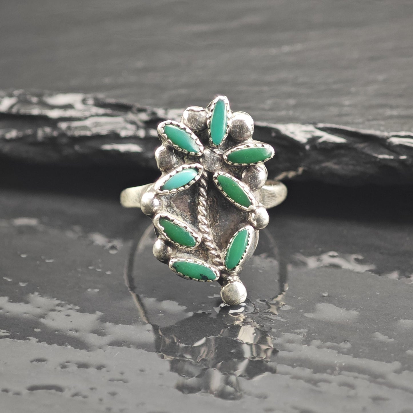AS IS Petit Point Turquoise Flower Sterling Silver Ring Sz 7 R6666