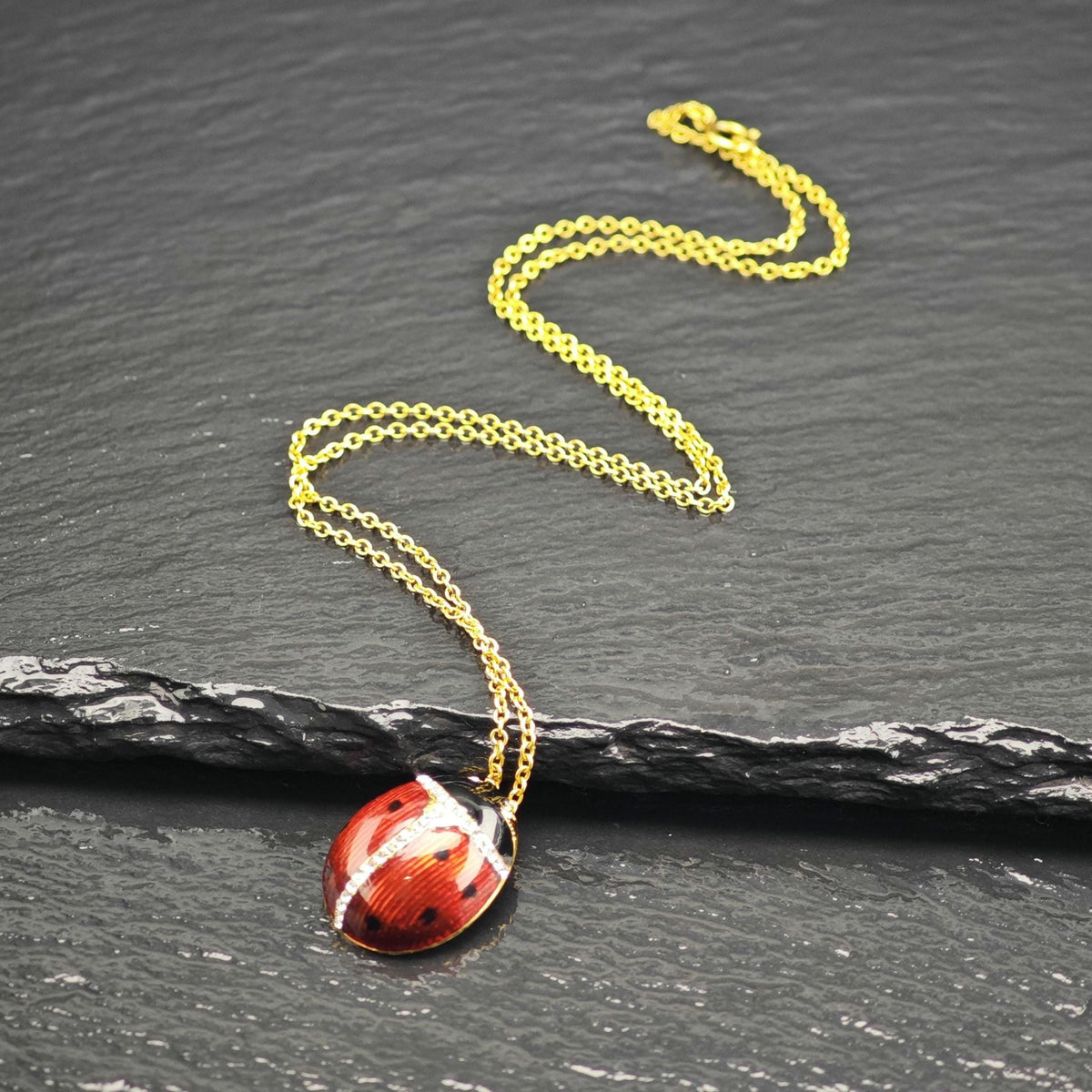 MMA Enamel CZ Lady Bug Gold-Plated Sterling Silver Pendant & Chain P3084
