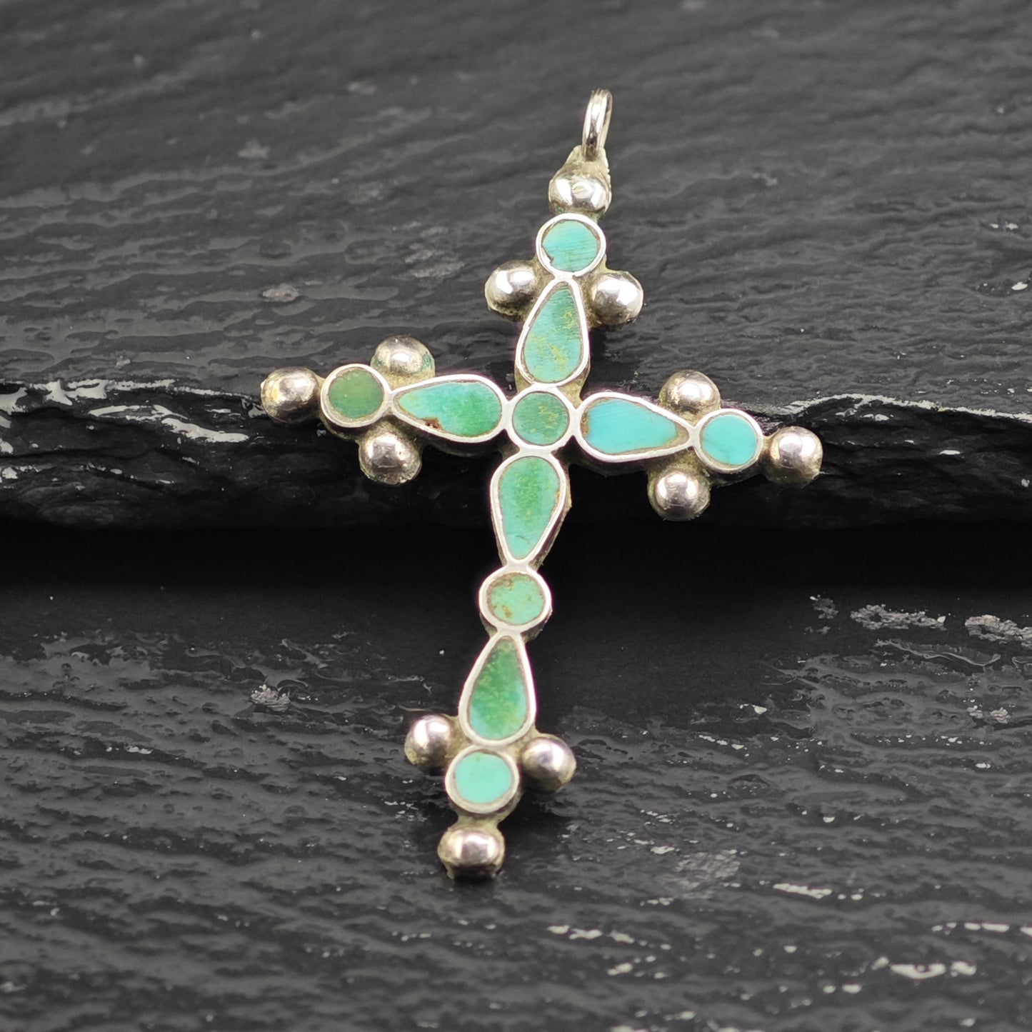 Vintage Zuni Inlay Turquoise Cross Pendant Sterling Silver P3033