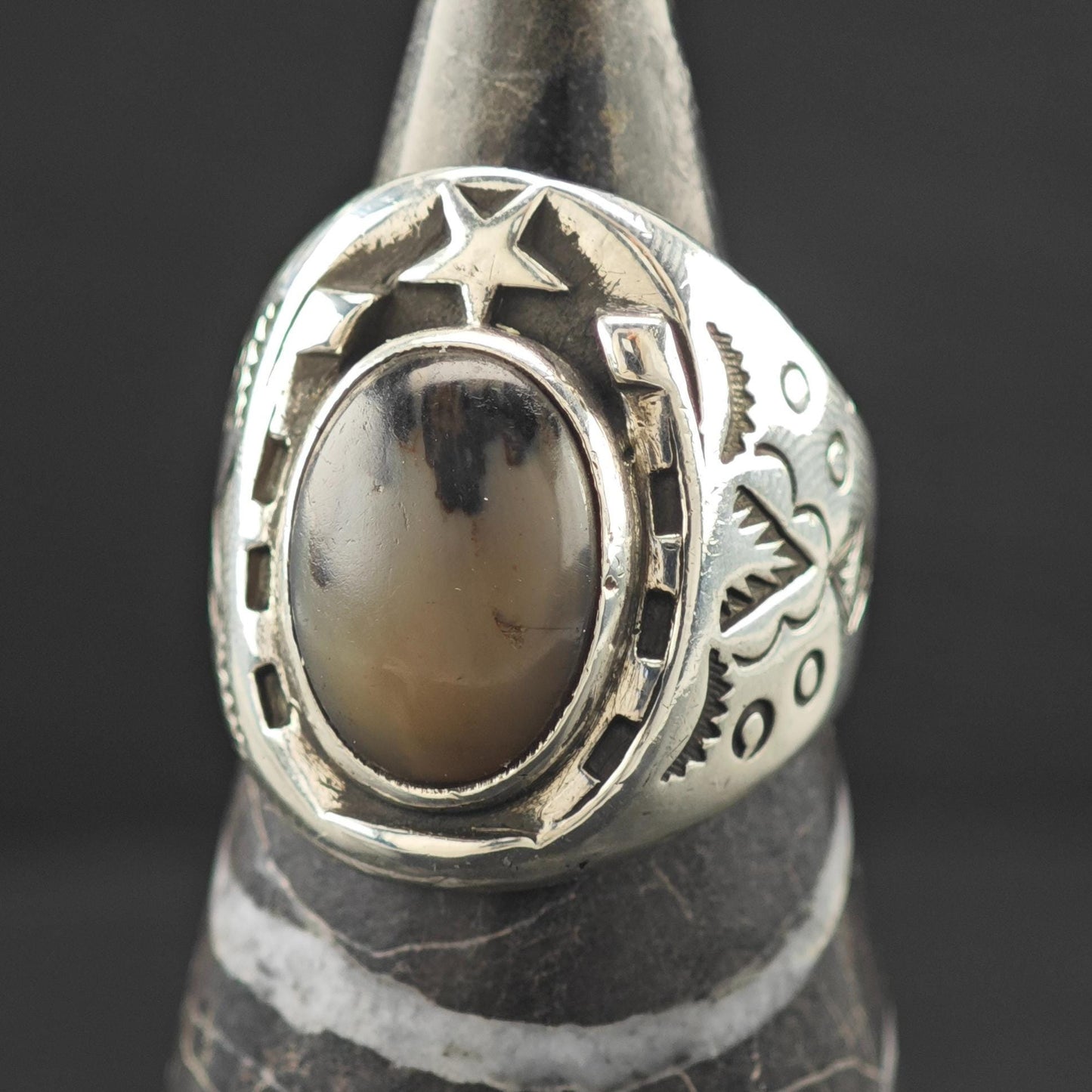 Sterling Bell Horseshoe Silver Ring Petrified Wood
