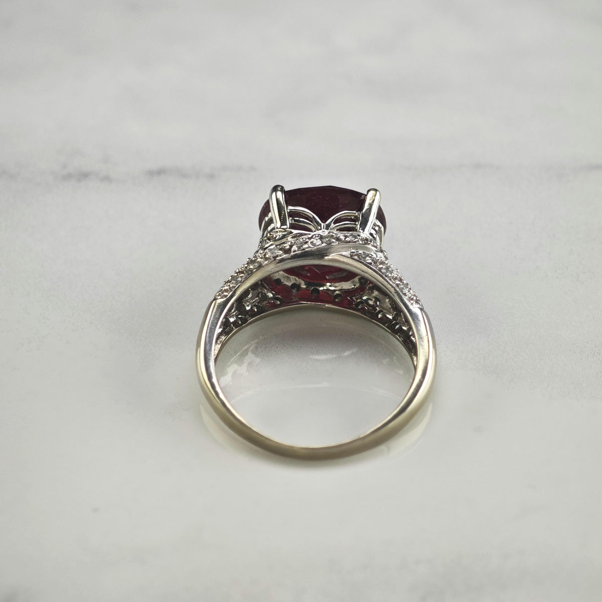 7ct Glass Filled Ruby & Diamond Cluster 14K White Gold Ring Sz 8 R6796