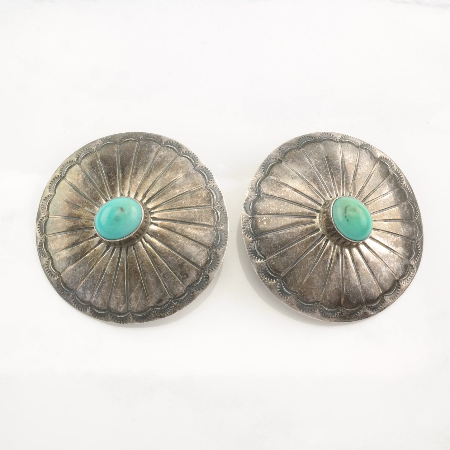 Native American Sterling Silver Blue Turquoise Large Concho Earrings Stud