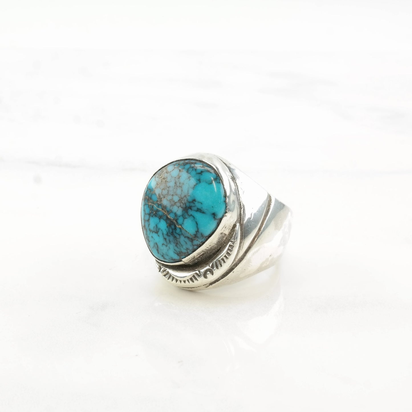 Native American Silver Ring Lone Mountain Spiderweb Turquoise Hairline Crack Sterling Size 8 1/4