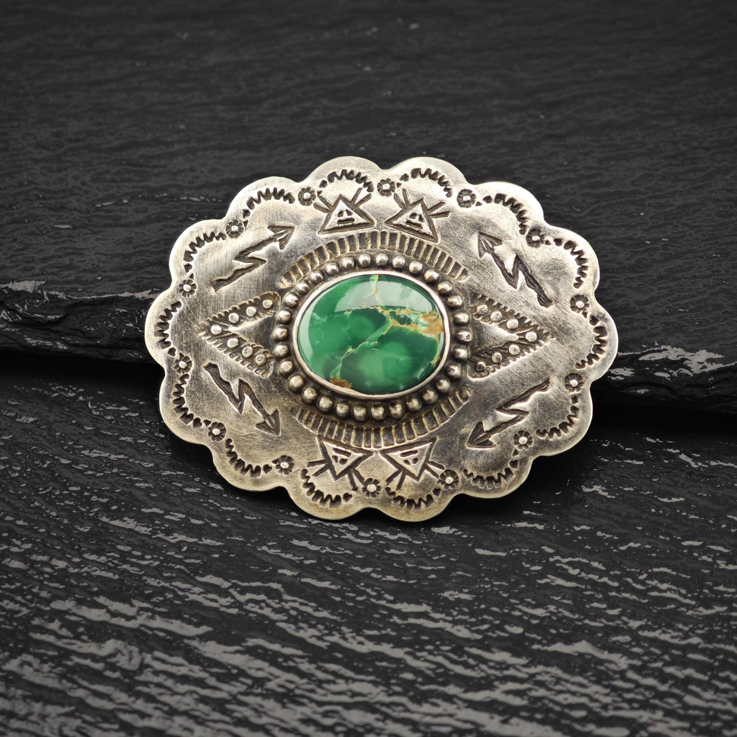 Vintage Native American Sterling Silver Brooch Stamped Green Turquoise