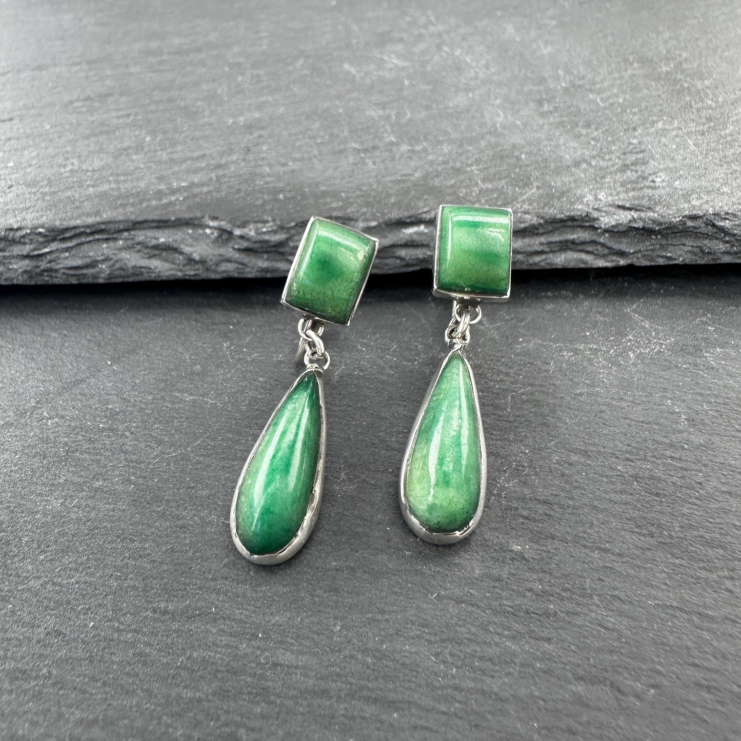 Green Gemstone, Teardrop Screw Back Earrings Sterling Silver