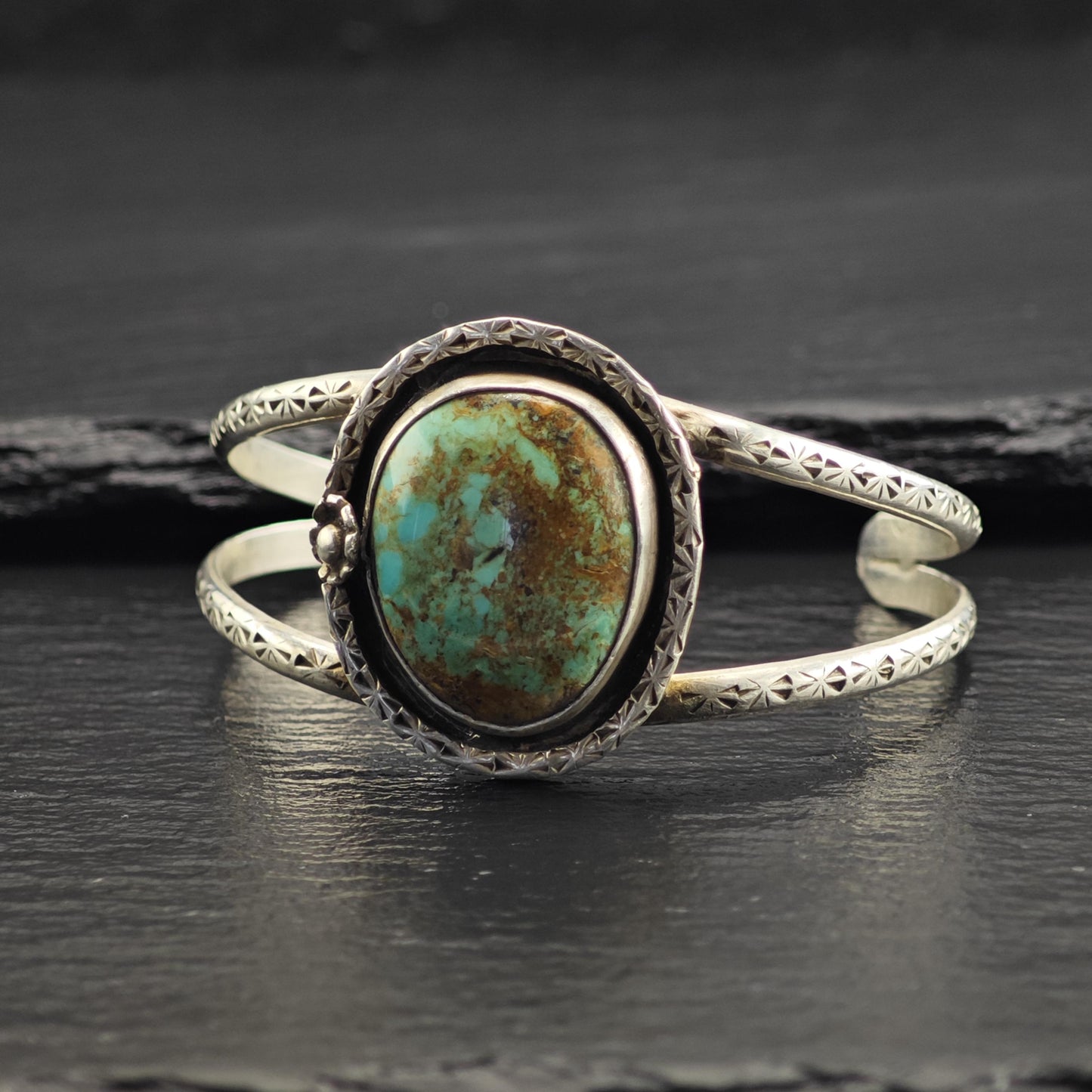 SW Turquoise Stamped Floral Detailed Sterling Silver Cuff Sz 6" BR3138