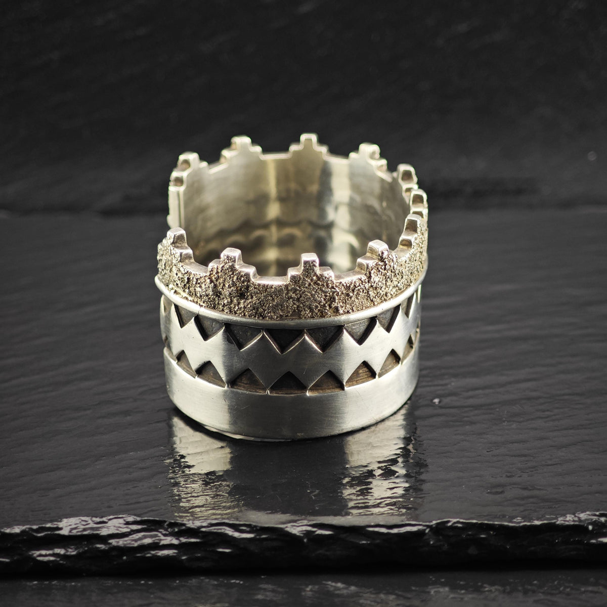 Santo Domingo Overlay Tufa Cast Sterling Silver Cuff Bracelet Sz 6 1/4" BR3186