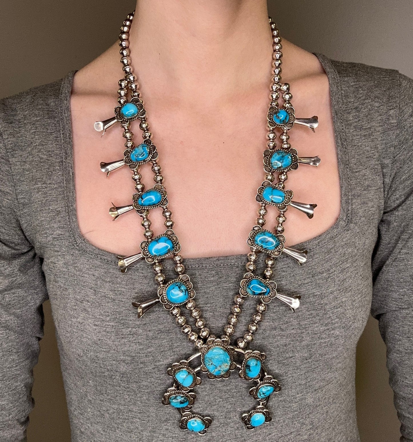 Vintage Native American Yazzie Sterling Silver Blue Turquoise Floral Squash Blossom Necklace