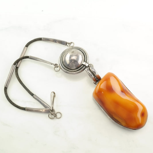 Sterling Silver Orange Amber, Boulder Leather Necklace