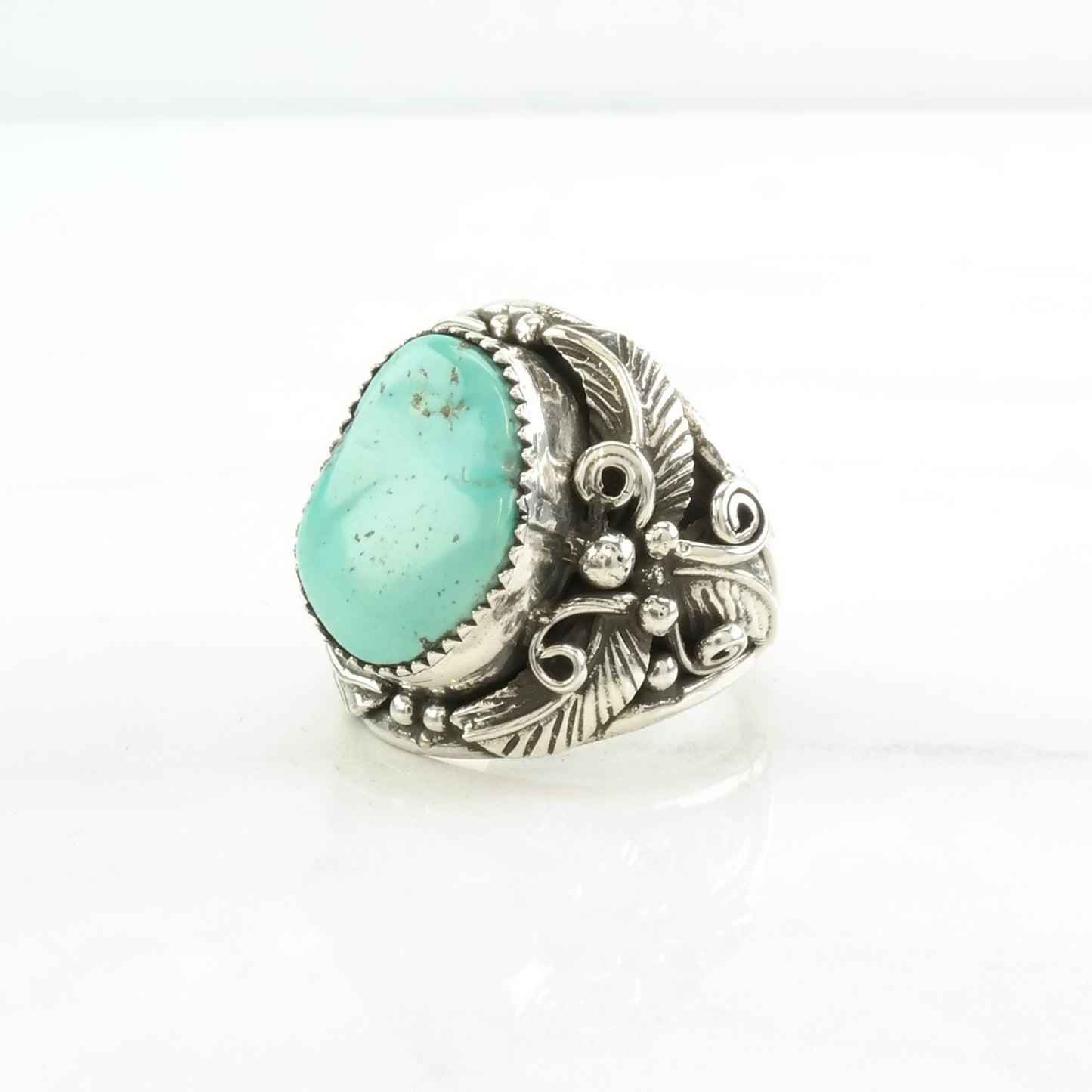 Native American Silver Ring Turquoise Floral Sterling Blue Size 10 3/4