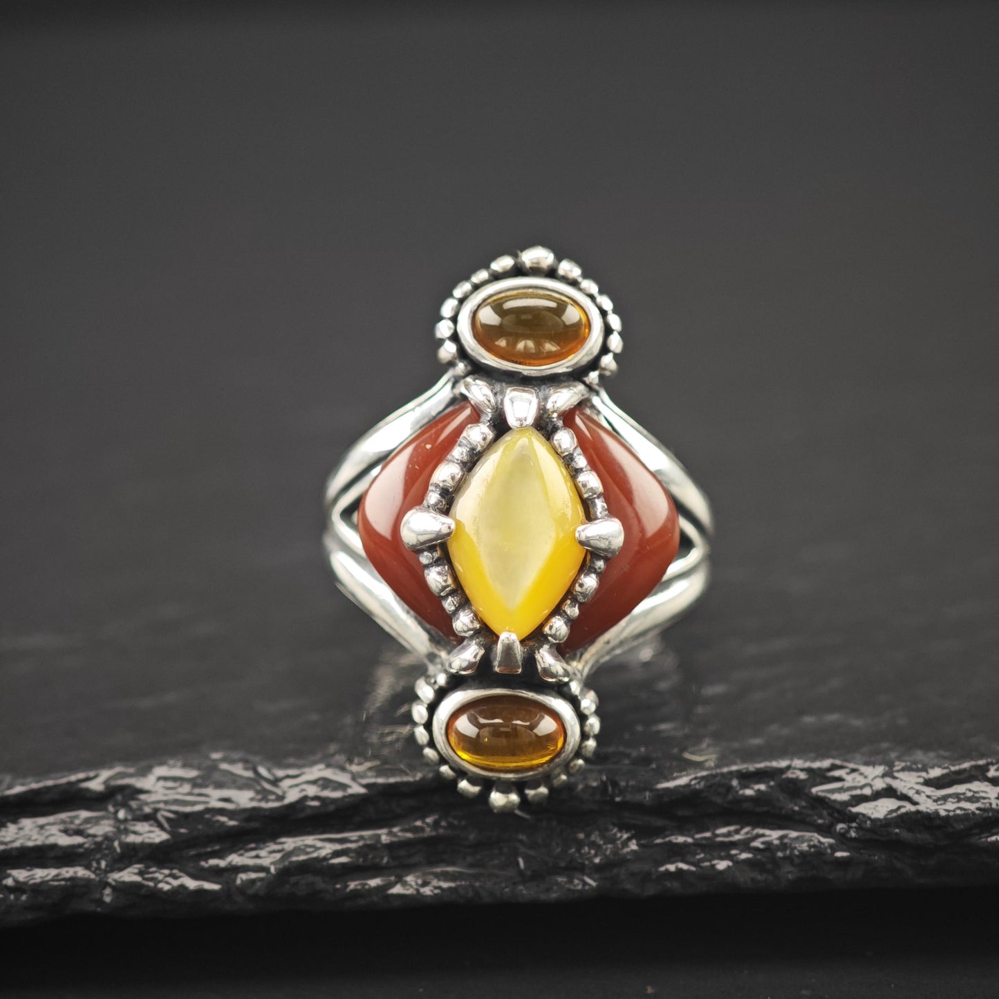 Carolyn Pollack Golden MOP, Carnelian, Amber Ring Sterling Silver
