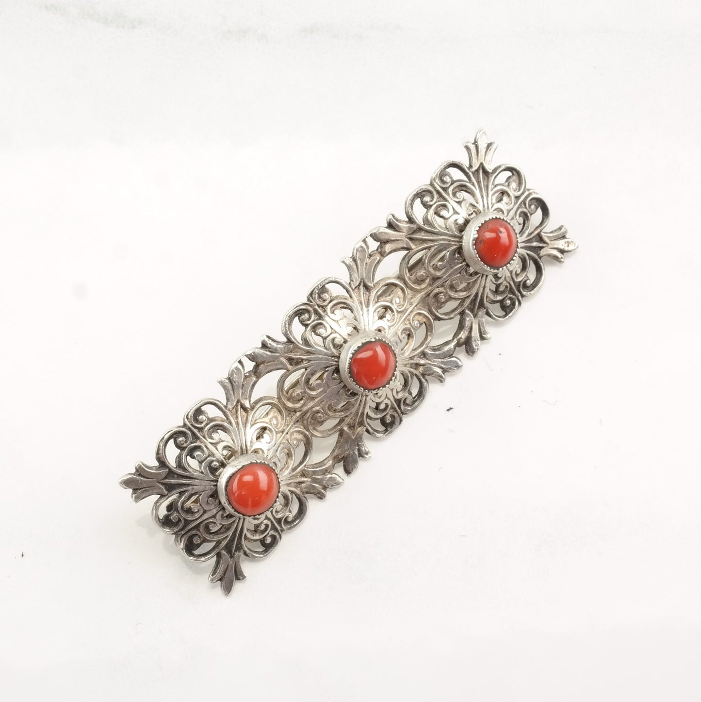 Italian Sterling Silver Brooch Filigree Coral