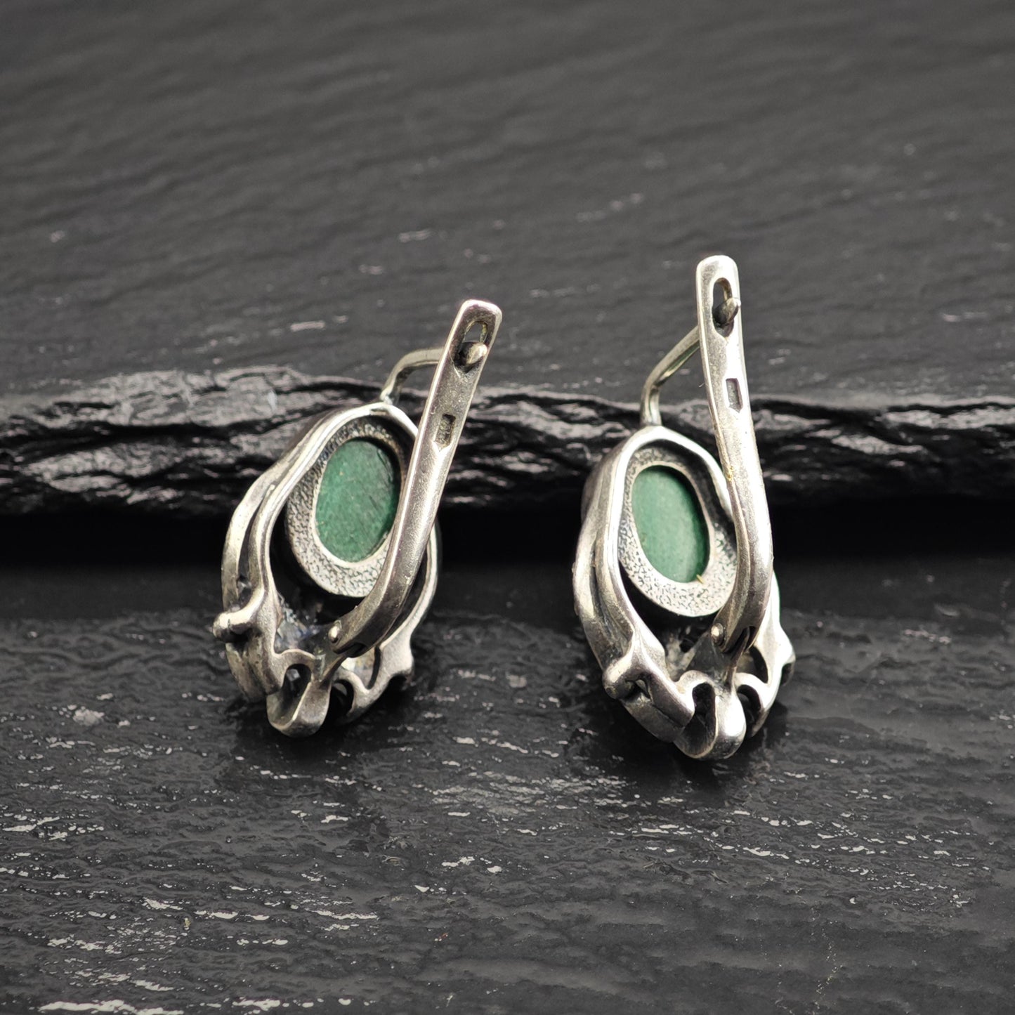 European, Art Deco St Green Malachite Rhinestone Sterling Silver Latch Earrings ER3118