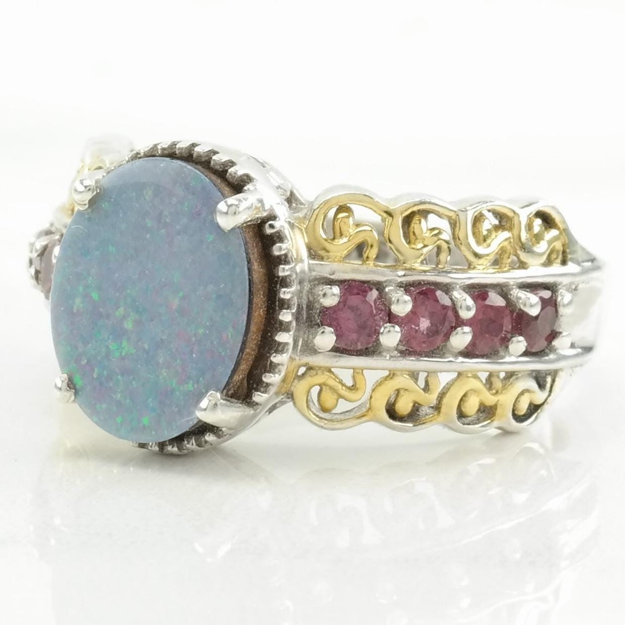 Vintage Sterling Silver Ring Opal Doublet, Pink Garnet Gold Hue Size 6