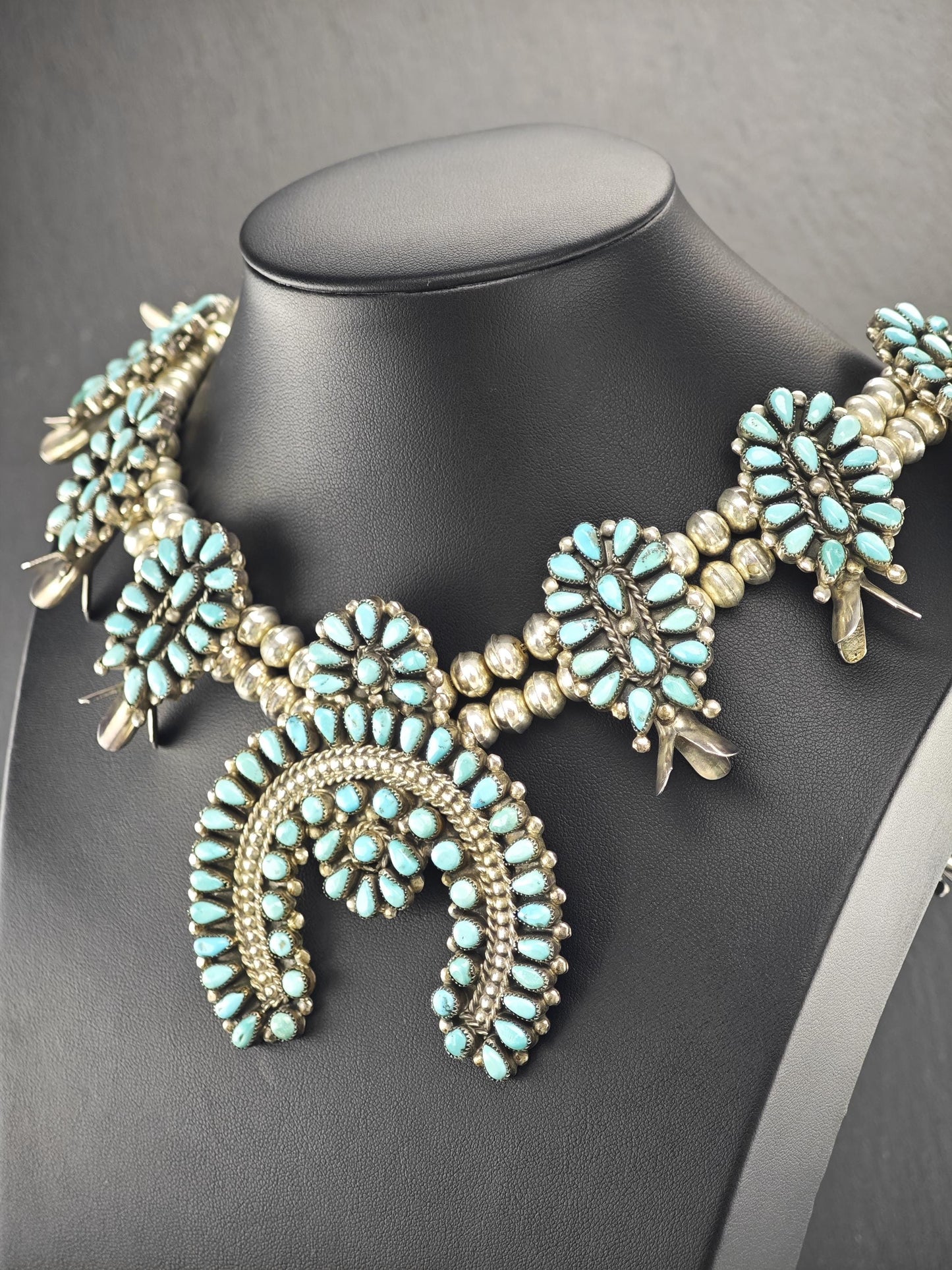 Native American Turquoise Cluster, Squash Blossom Necklace, Cuff, Earrings, Ring Set Sterling Silver