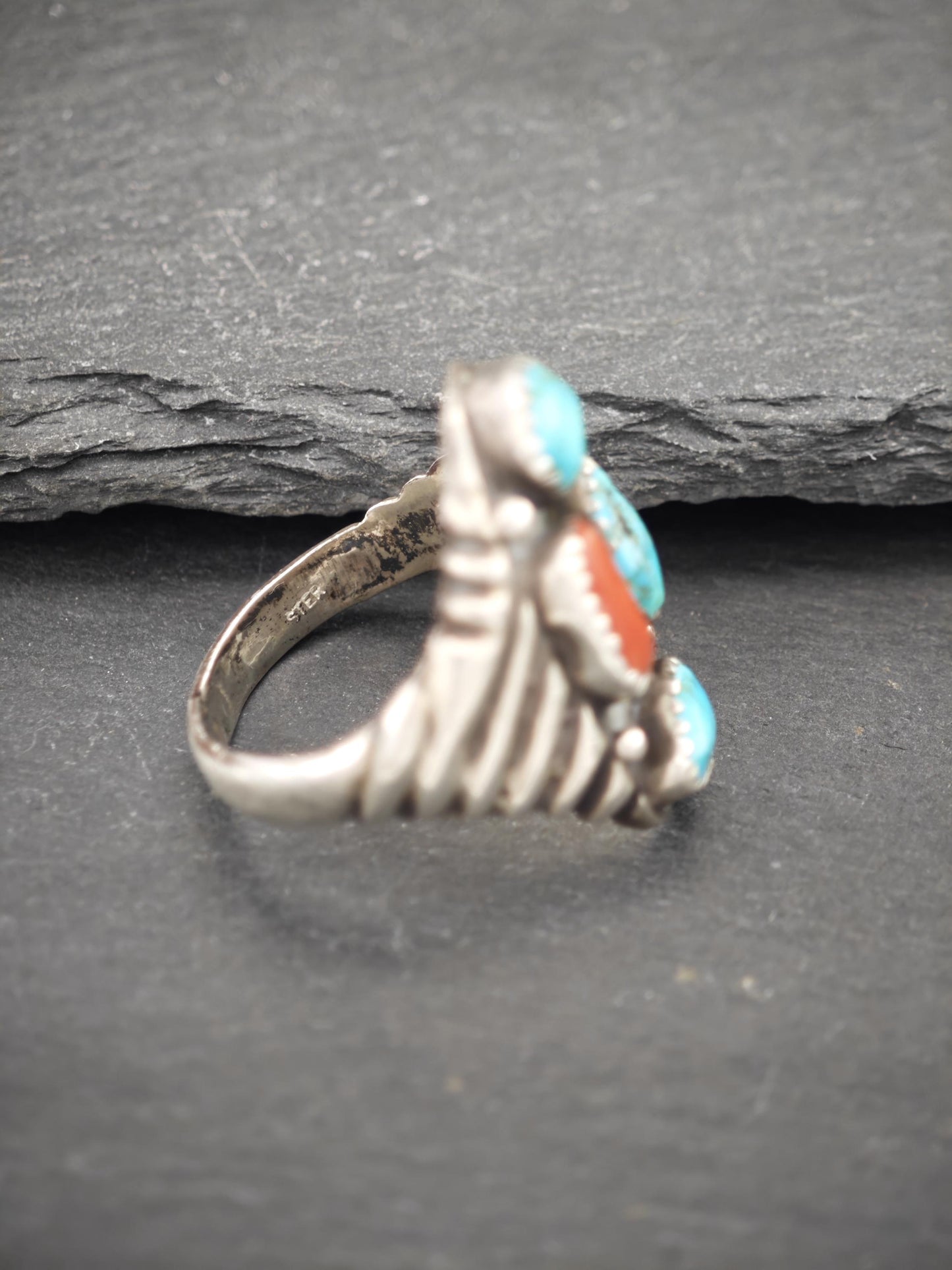 Native American, Coral, Turquoise Ring Sterling Silver