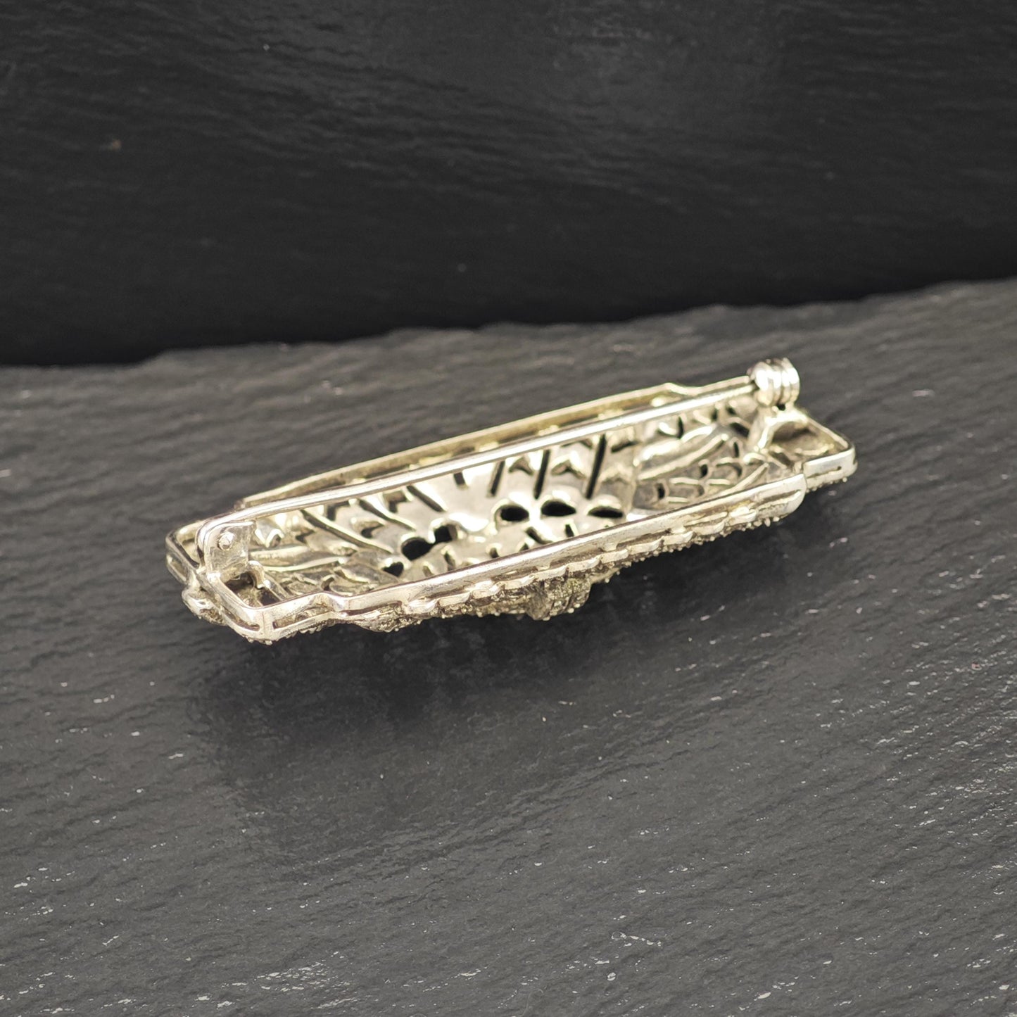 Art Deco Sterling Silver Brooch Filigree White Paste