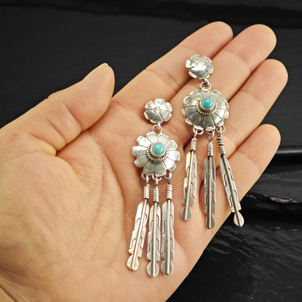 SW Feather Turquoise Concho Sterling Silver Stud Earrings ER3217