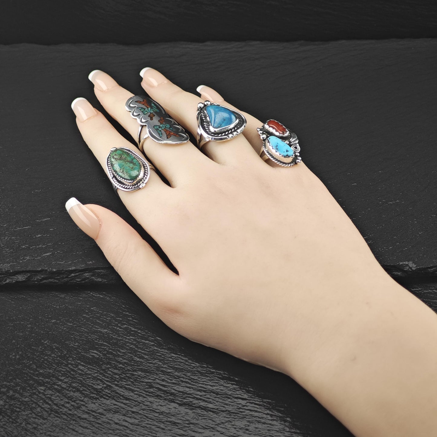 Native American Turquoise Coral Ring Sterling Silver