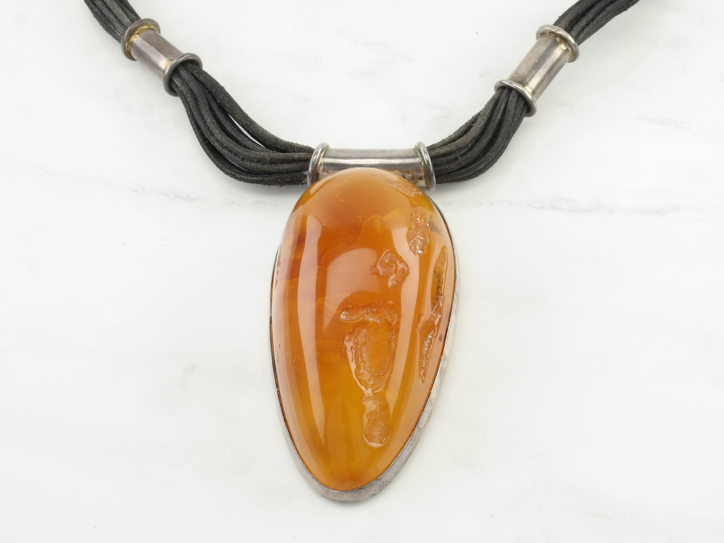 Vintage Enormous Natural Baltic Amber Pendant Duo Tone Leather Cord Sterling Silver Necklace