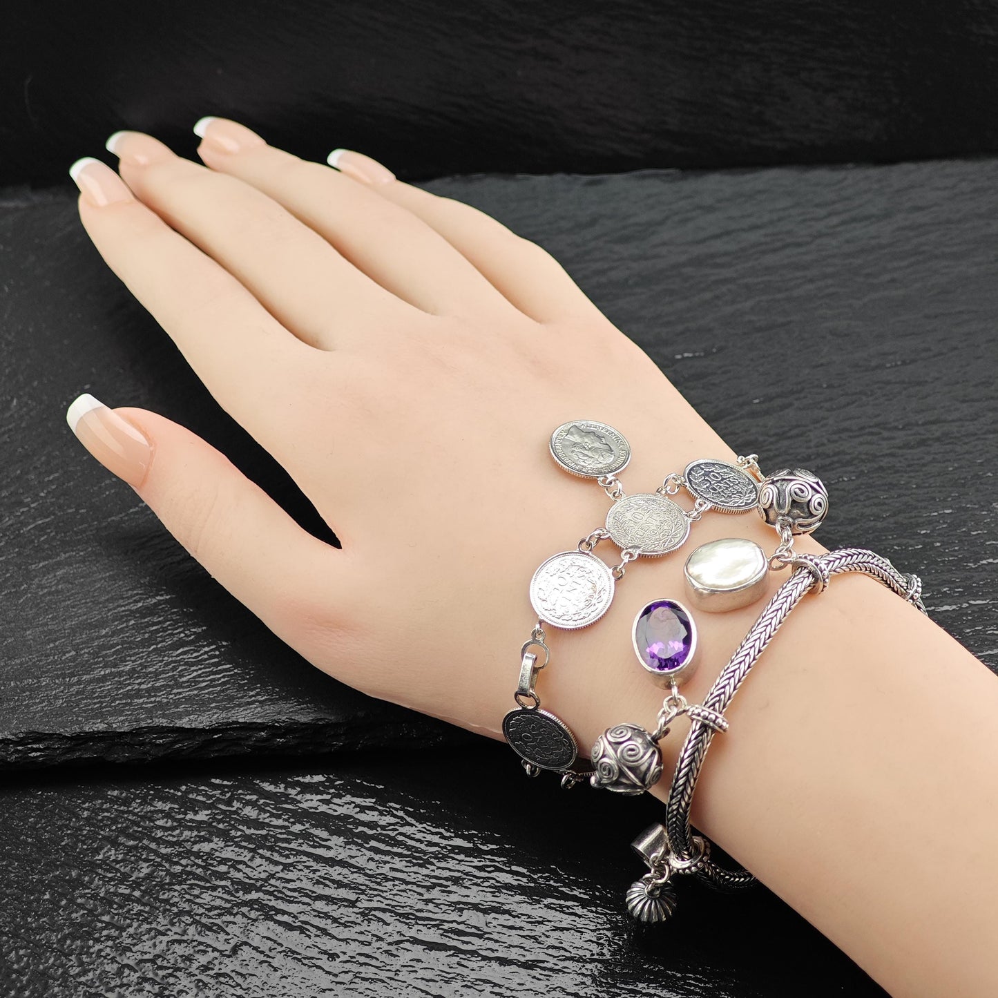 Vintage Topaz, Amethyst, Pearl, Charm Bracelet Sterling Silver