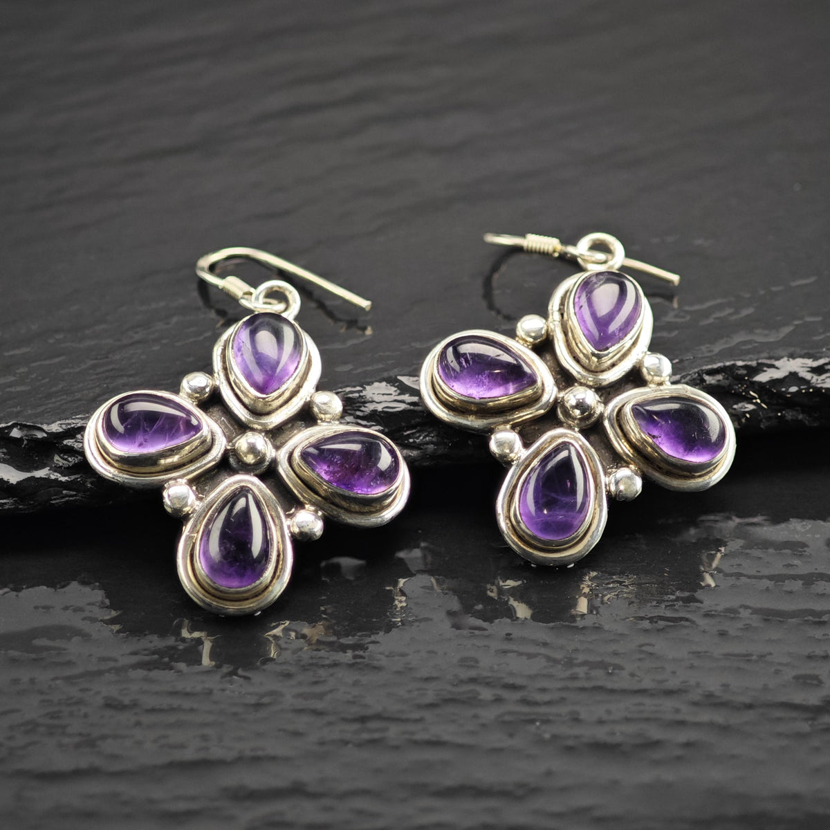 Amethyst Clover Design Dangle Sterling Silver Earrings ER3238