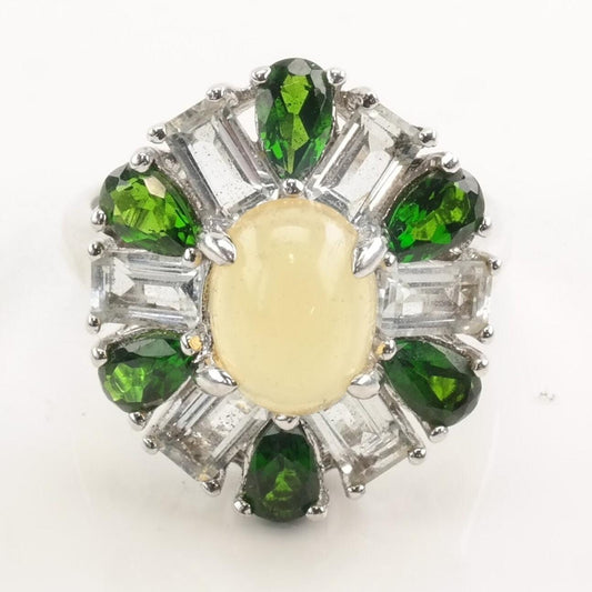 Vintage Silver Ring Opal Spinel Diopside Flower Size 7