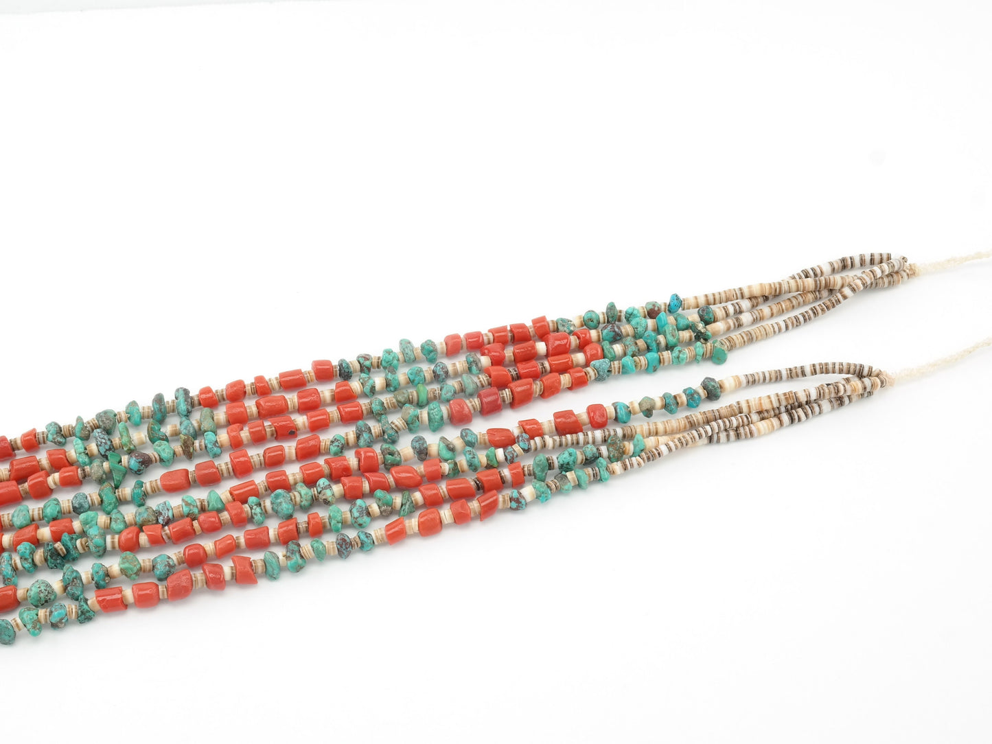 Vintage Native American Coral, Turquoise, Shell, Four Layer Heishi Necklace